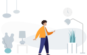 Drawing of a person wearing a yellow shirt in a room with furniture.